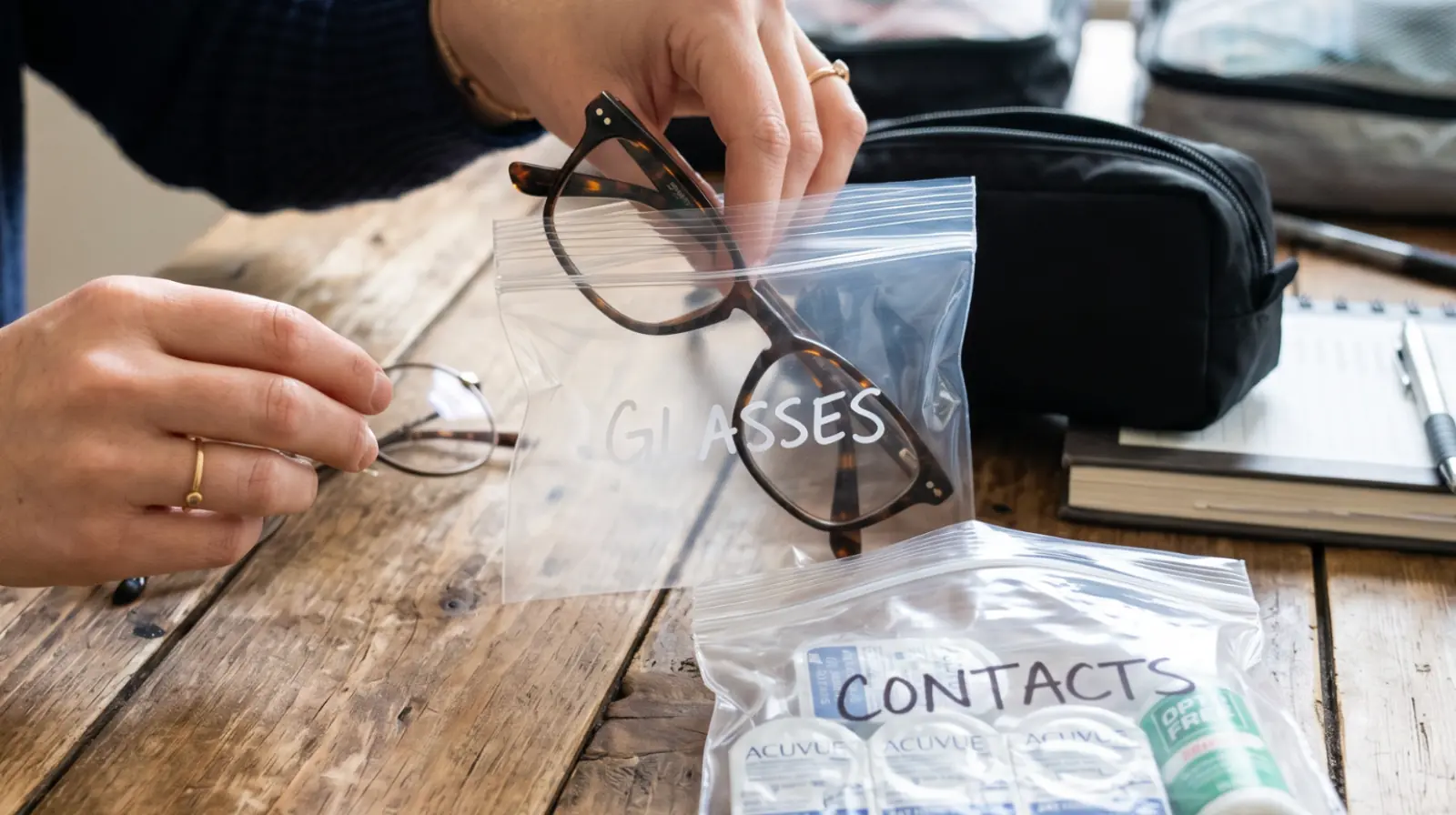 Summer Travel Eye Care Checklist Hands packing eyeglasses and contact lenses into labelled travel bags as part of a summer eye care checklist.