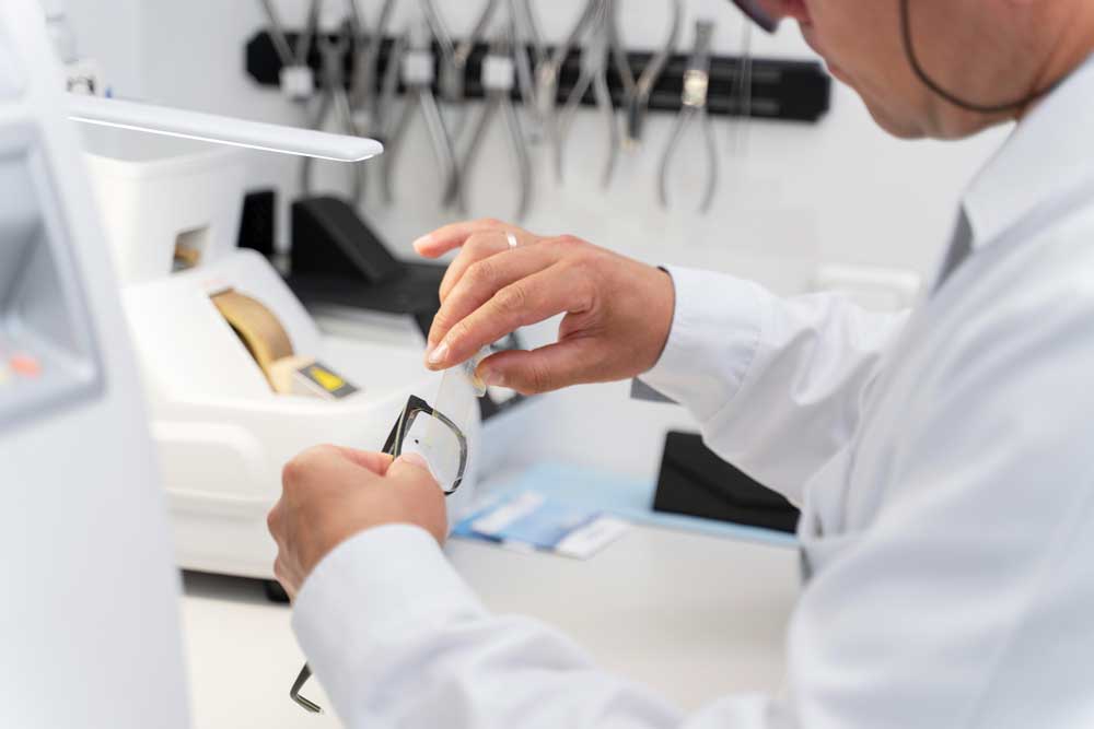 Eyeglasses being assessed for repair and adjustment